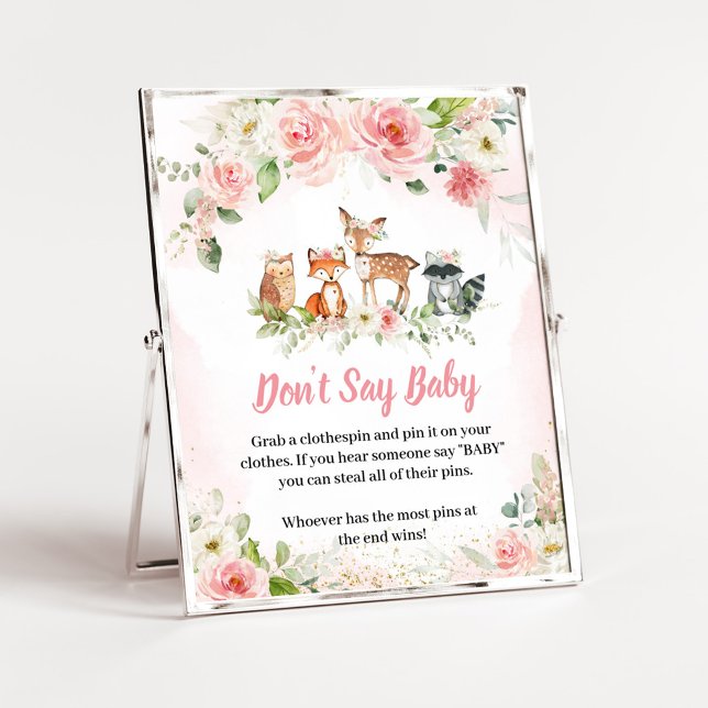 Rosa Blommig Skogsbadrum Ej Säga Bebis Skylt (Girl Woodland Animals Baby Shower Don't Say Baby Sign)