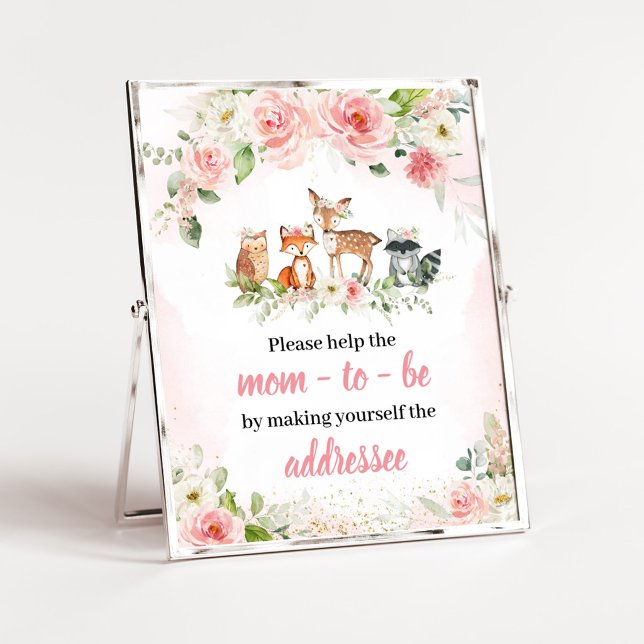 Rosa Blommig Skogsbadrum Kuvert Station skylt (Girl Woodland Animals Baby Shower Envelope Station Sign)