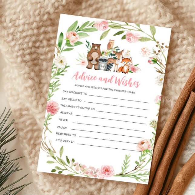 Rosa Blommig Skogsbadrum Råd Och Önskningar Spel (Girl Woodland Animals Baby Shower Advice and Wishes Game)
