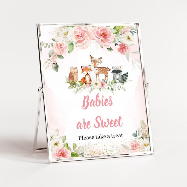 Rosa Blommig Skogsbadrumsbebisar är söta skylt (Girl Woodland Animals Baby Shower Babies are Sweet Sign)