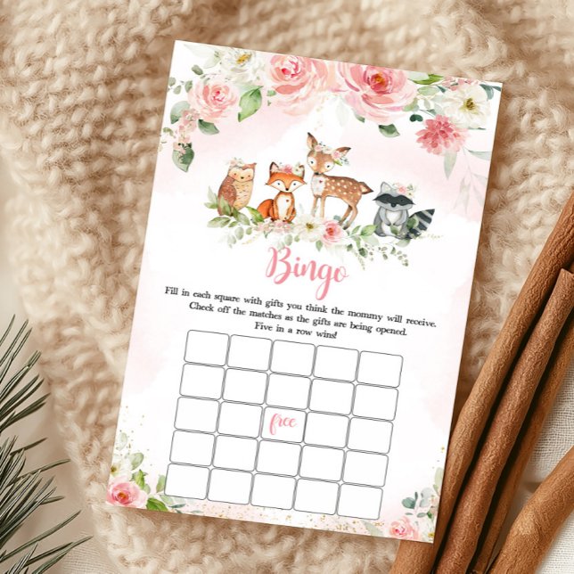 Rosa Blommig Skogsbadrumsbingo (Girl Woodland Animals Baby Shower Bingo Game)