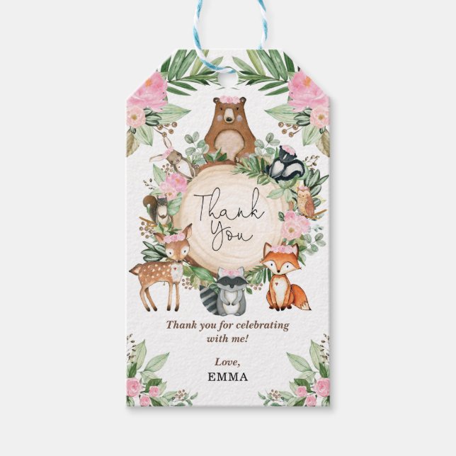 Rosa blommig skogsdjur Tack Presentetikett (Framsidan)
