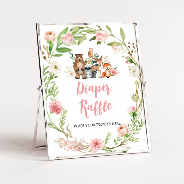 Rosa Blommig Skogsdusch Blöja Lotteri Skylt (Girl Woodland Animals Baby Shower Diaper Raffle Sign)