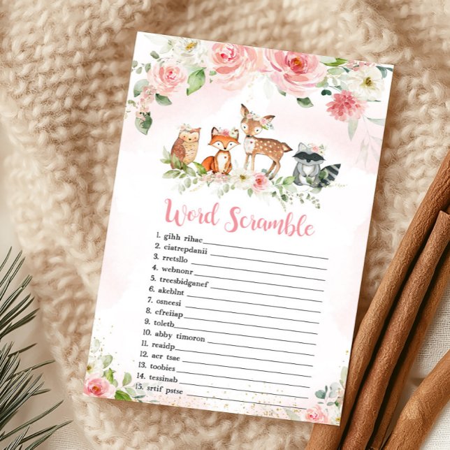 Rosa Blommig Skogslek Ordjumble Spel (Girl Woodland Animals Baby Shower Word Scramble Game)