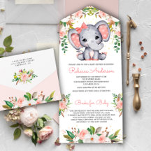 Rosa Blommig Söt Elefant Babyfirande
