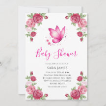 Rosa blommig söt fjäril baby shower inbjudan