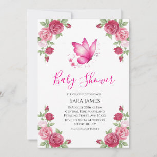 Rosa blommig söt fjäril baby shower inbjudan