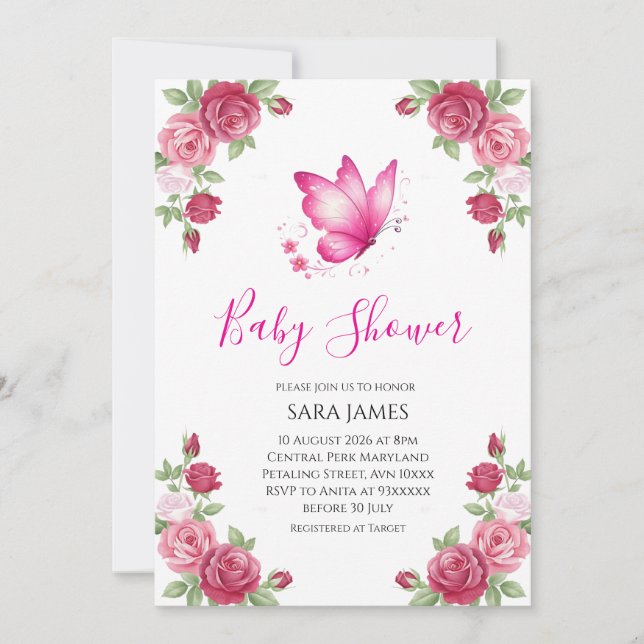 Rosa blommig söt fjäril baby shower inbjudan (Framsida)