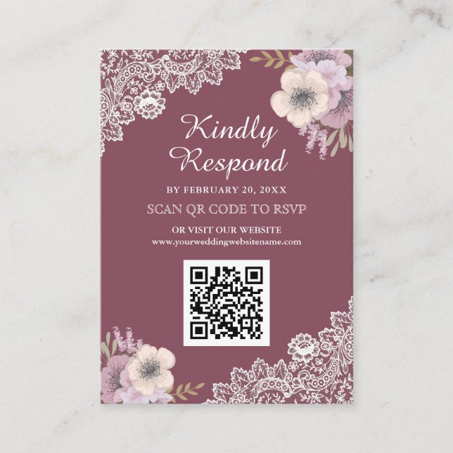 Rosa Blommig Spets QR-kod RSVP Bröllopswebbplats Tilläggskort (Framsida)