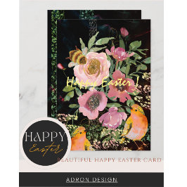 Rosa blommig svart påsk med fåglar julkort