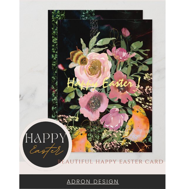 Rosa blommig svart påsk med fåglar julkort (Happy Easter Pink floral black with yellow birds and bumblebee Card)