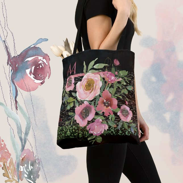 Rosa blommig svart tygkasse (pink floral black tote bag with Monogram)