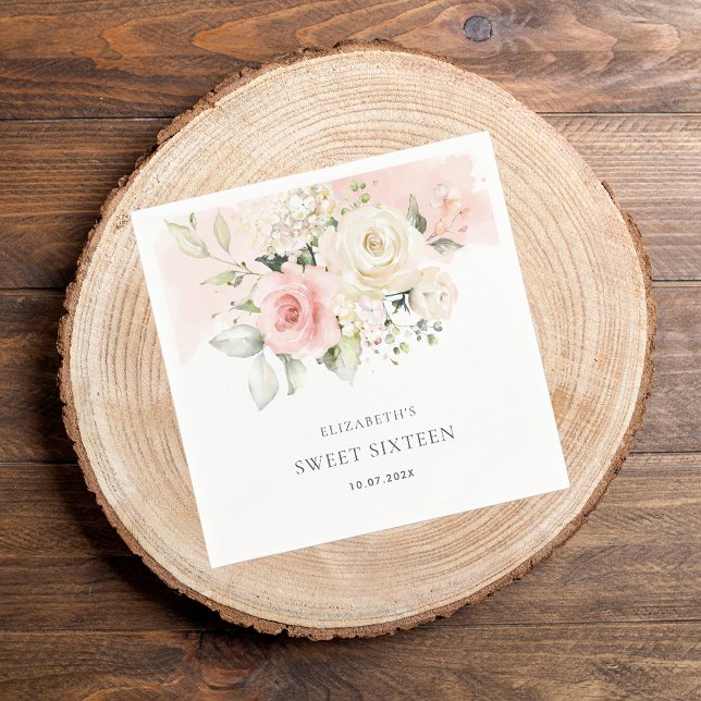 Rosa blommig Sweet 16 födelsedagsfest papper Pappersservett (Pink Floral Sweet 16th Birthday Typography Paper Napkin)