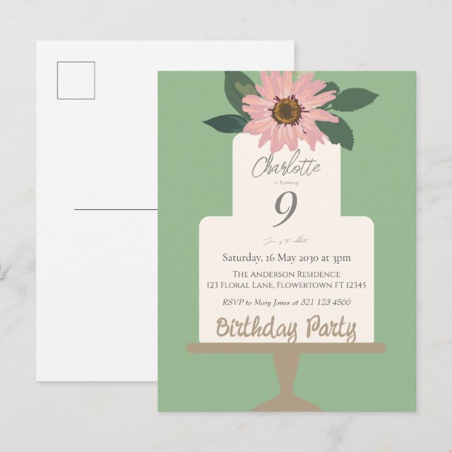 Rosa blommig tårta födelsedagsfest  vykort (Fram/baksida)