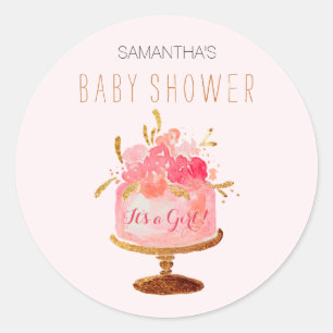 Rosa blommig tårta It's a Girl Baby Shower-dekal Runt Klistermärke