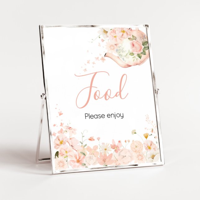 Rosa blommig te för två baby shower mat poster (Pink Floral Tea for Two Baby Shower Food Sign)