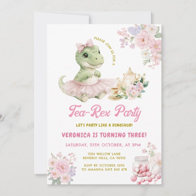Rosa blommig Tea-Rex-dinosaur 3-års födelsedag Inbjudningar (Framsida)