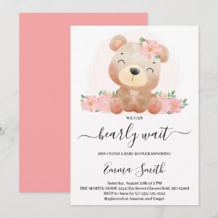 Rosa blommig teddybjörn baby shower inbjudan