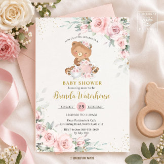 Rosa Blommig Teddybjörn Tea Party Bebisdopp Inbjudningar