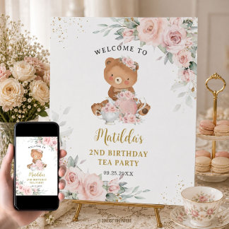 Rosa Blommig Teddybjörn Tea Party Födelsedag Poster