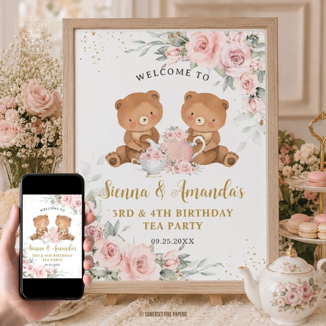 Rosa Blommig Teddybjörn Tea Party Födelsedag Poster (teddy bears tea party blush floral joint birthday welcome sign poster digital download )