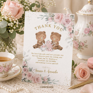 Rosa Blommig Teddybjörn Tea Party Födelsedag Tack Kort