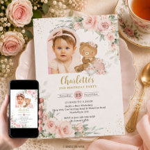 Rosa Blommig Teddybjörn Tea Party Födelsedagsfiran
