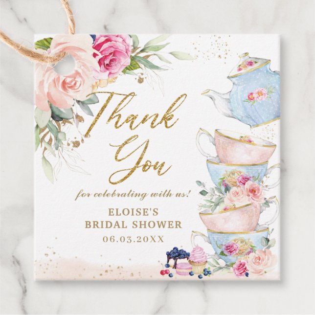 Rosa blommig tehjälp Baby Shower Födelsedagsfest Gåvor Etiketter (Framsida)