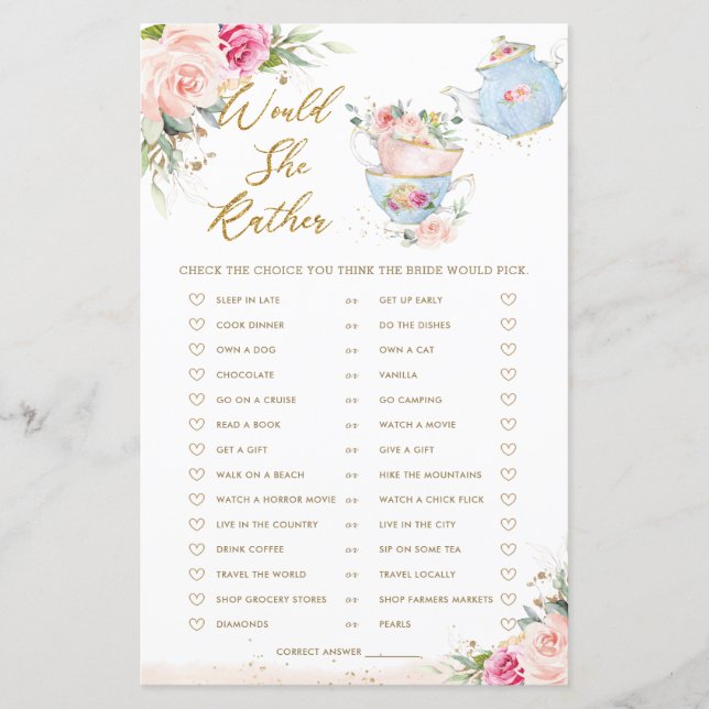 Rosa Blommig Tekalas Bröllopsspel - "Vill du hellr (Framsida)