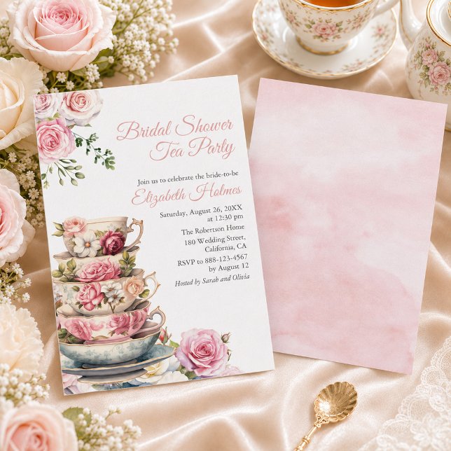 Rosa Blommig Tekopps Bröllopsdusch Te-fest Inbjudningar (Blush Pink Roses Bridal Shower Tea Party Invitation)
