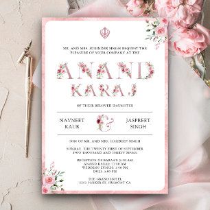 Rosa Blommig Typografi Anand Karaj Sikh Bröllop Inbjudningar