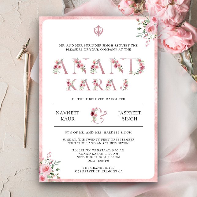 Rosa Blommig Typografi Anand Karaj Sikh Bröllop Inbjudningar (Skapare uppladdad)