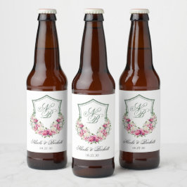 Rosa Blommig Vapenbröllop Ölflaska Etikett