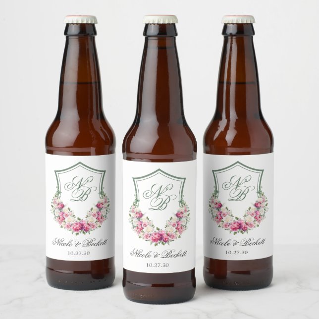 Rosa Blommig Vapenbröllop Ölflaska Etikett (Flaskor)