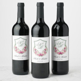 Rosa Blommig Vapenbröllop Vinflaska Etikett