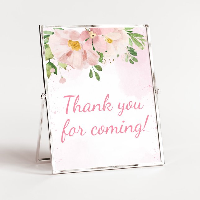 Rosa blommig vår Tack för att du kom Poster (Blush Pink Spring Floral Baby Shower Thank you for Coming Sign)
