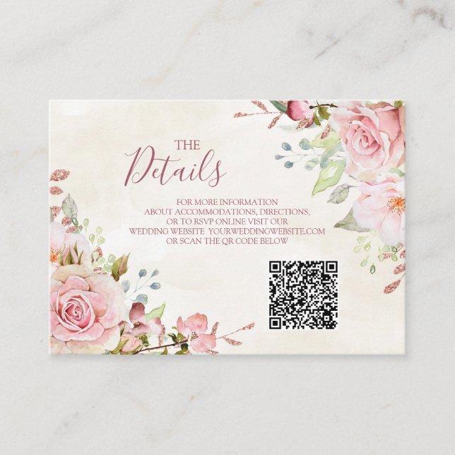 Rosa Blommig Vårbröllop QR-kod Detaljer Infoga Tilläggskort (Framsida)