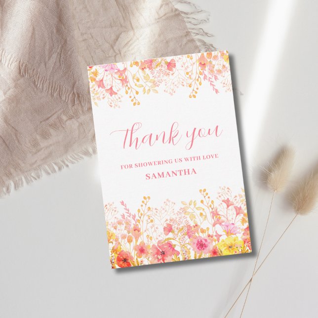 Rosa blommig vildblomma baby shower  tack kort (Skapare uppladdad)