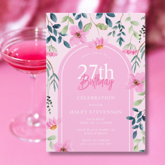 Rosa blommig vildblomma kvinnlig elegant 27-årsdag inbjudningar (Skapare uppladdad)