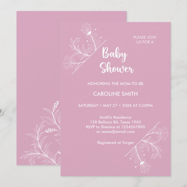 Rosa Blommig Vintage Baby Shower Inbjudningar (Fram/baksida)