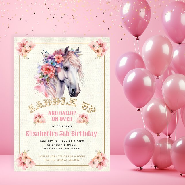 Rosa blommig vit häst födelsedagsfest inbjudningar (Skapare uppladdad)