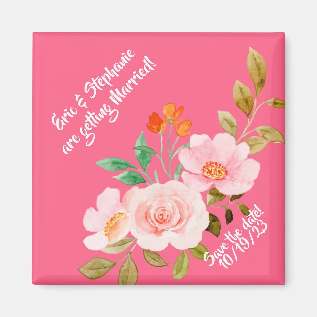 Rosa Blommig Whimsy Bröllop Spara Datum Magnet (Framsidan)