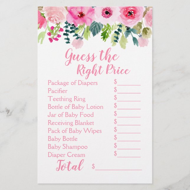 Rosa blommiga 2 baby shower-spel gissa pris & mat (Framsida)