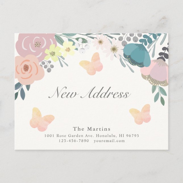Rosa blommiga fjärilar Flyttankündigung Meddelande Vykort (Framsida)