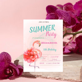 Rosa Blommiga Flamingos Sommar Födelsedagsfest Inbjudningar