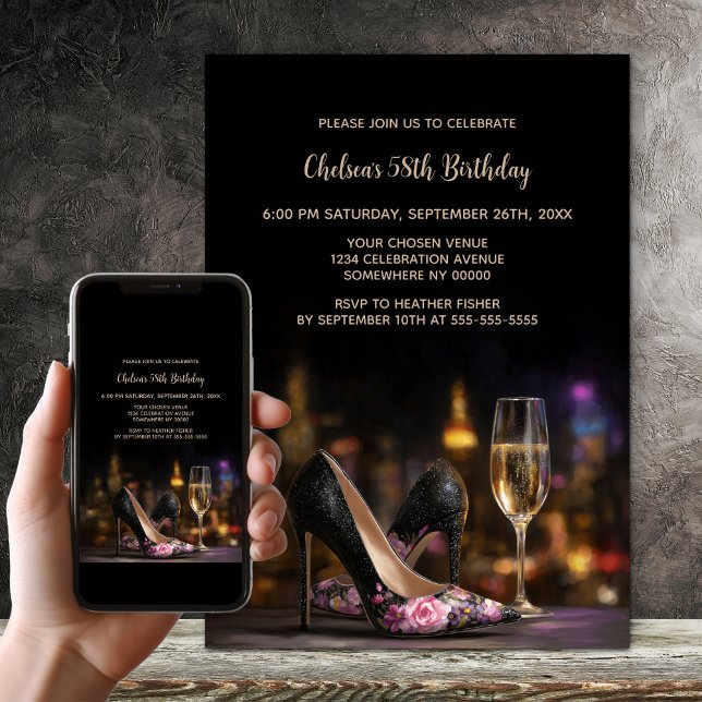 Rosa blommiga klänningar med höga klackar födelsed inbjudningar (Skapare uppladdad)