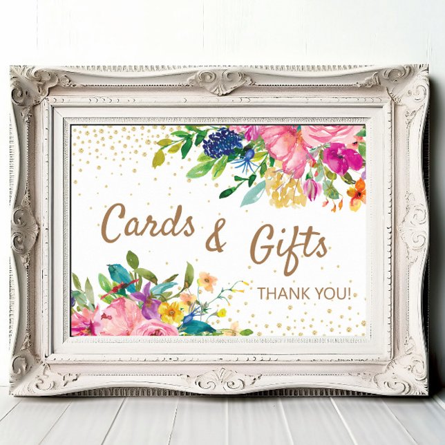 Rosa Blommiga Kort Present Babyfirande Poster (Pink, blue, and yellow watercolor floral and gold glitter baby shower cards and gifts sign)