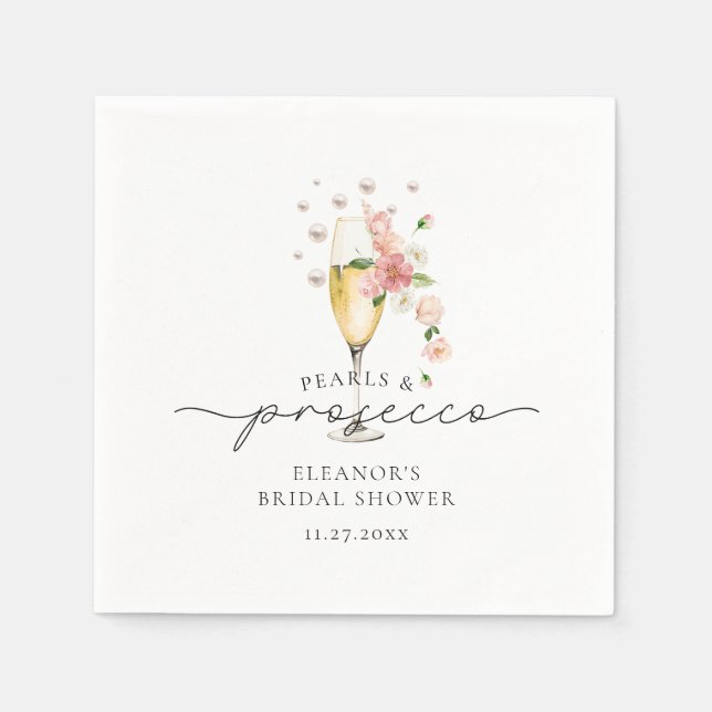 Rosa blommiga pärlor och Prosecco bröllopsdusch Pappersservett (Framsidan)