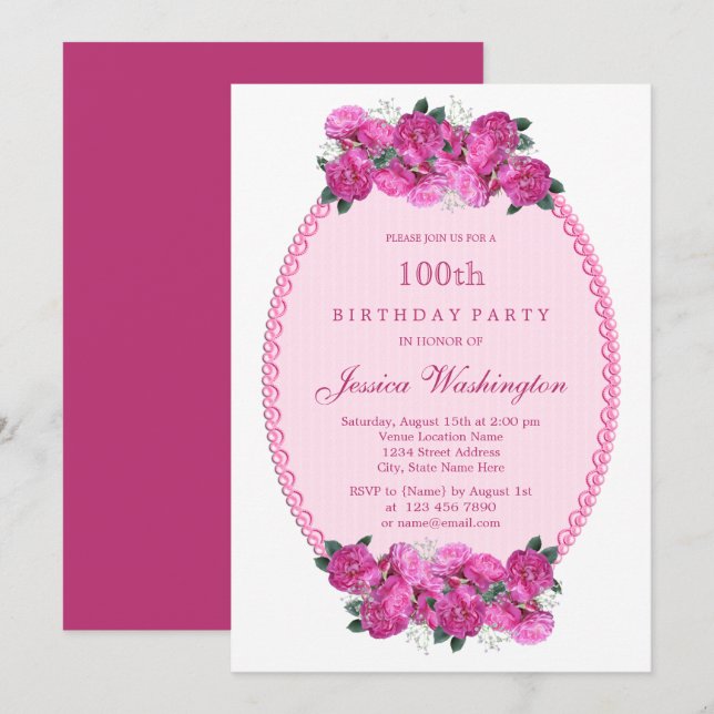 Rosa blommiga pärlor och spetsar 100-årsdag inbjudningar (Fram/baksida)