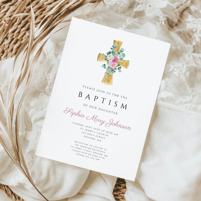 Rosa blommiga peonior Kors Döpelse Inbjudningar (Pink Floral Peonies Cross Baptism Invitation)